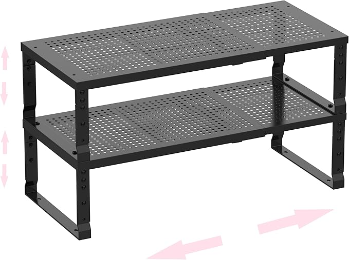 Metal Stackable Expandable Storage Shelf - Multi-Functional Home Storage Shelf, Suitable for Kitchen, Cabinet，Bathroom, Office, Garage, etc.（2PACKS/Black/Medium