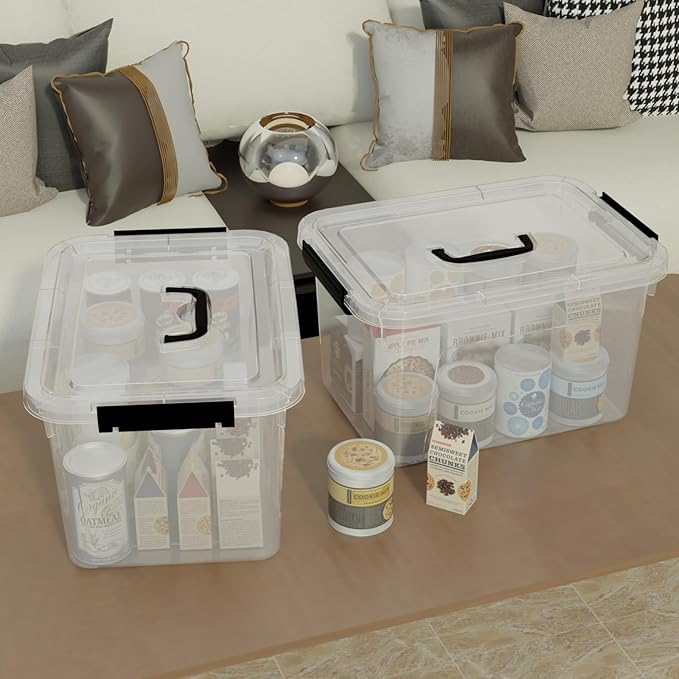 10.5 L Clear Latch Storage Bin with Lid, 4 Packs Plastic Organizing Box with Black Handle