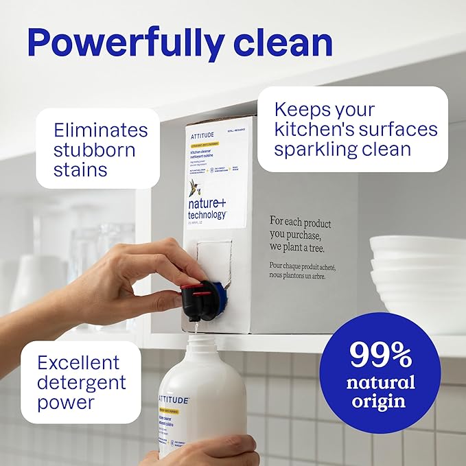 ATTITUDE Kitchen Cleaner Spray Refill, EWG Verified, Powerful Degreaser, Cuts Grease & Grime, Plant-Based & Vegan, Citrus Zest Scent, 67.6 Fl Oz