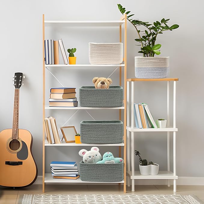 COMFY-HOMI 11.5"x7.5"x4.7" Storage Baskets for Organizing | Cotton Rope Woven Basket | Toy Storage Bin Box | Basket for Shelves, Closet Organizer Bin, Decorative Closet Shelf, 3 Pack, Green