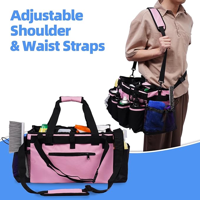 Large Cleaning Caddy, Professional Wearable Supplies Bag for Housekeepers, House Cleaners, and Car Detailing - Organizer Tote With Handle, Pink