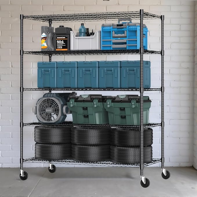 Himimi 5 Tier Wire Shelving with Wheels Heavy Duty Height Adjustable Metal Shelves for Storage, Commercial Grade Steel Utility Wire Rack for Kitchen Garage Pantry Organization-24×48×82, Black