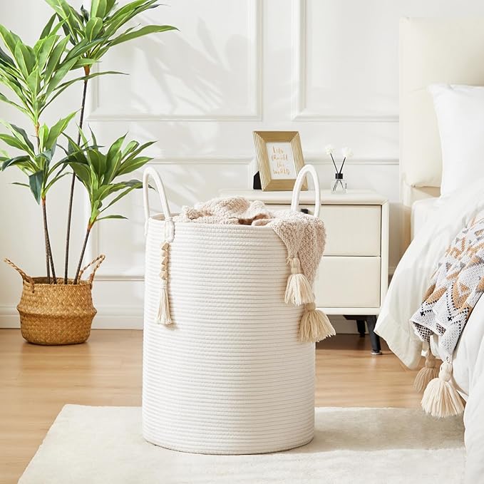 Fiona's magic Woven Rope Laundry Hamper, Tall Laundry Basket for Blanket Storage, Large Dirty Clothes Hamper for Toys, Decorative Baby Nursery Hamper for Bedroom, Living Room - White, 58L