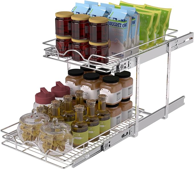 OCG 2 Tier Pull Out Cabinet Organizer (12.5" W x 21" D), Pull Out Drawers for Kitchen Cabinets, Pull Out Shelves for Base Cabinet Organization in Kitchen Bathroom Pantry, Chrome Finish