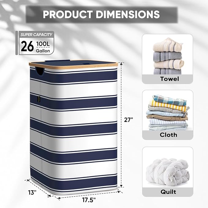 BALEINE Laundry Hamper with Lid, Tall Laundry Baskets with Bamboo Pull Handles, Large Laundry Bin with Internal Support (26 Gal/100L, Blue Stripe)