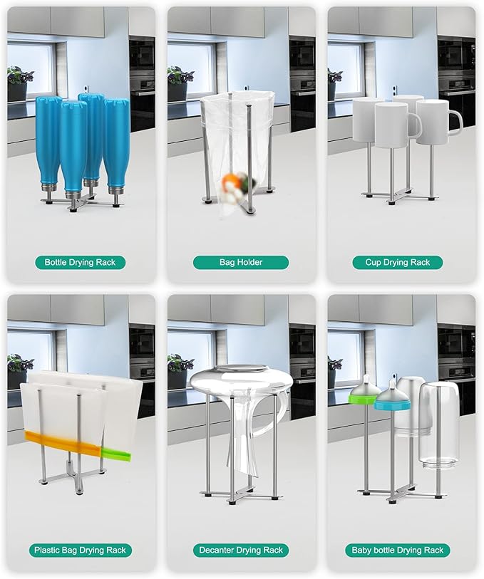 Plastic Bag & Bottle Drying Rack, Multifunctional Wine Decanter Holder, Collapsible Countertop Stand