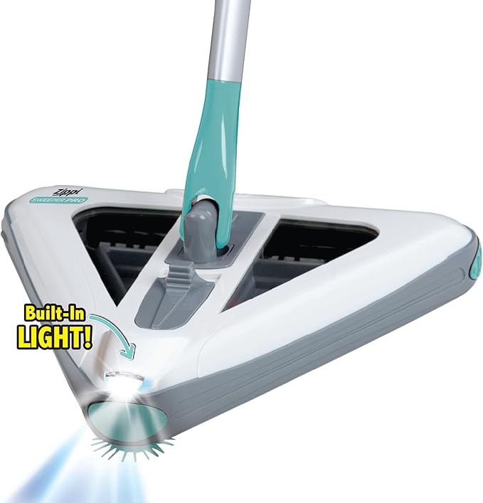 Zippi Sweeper Pro - 2025 New and Improved Lightweight Sweeper, Perfect for Short Carpet Hardwood and Tile, Triangular Design Allows for Sweeping in Corners, LED Light, 1 Hr Cleaning Time