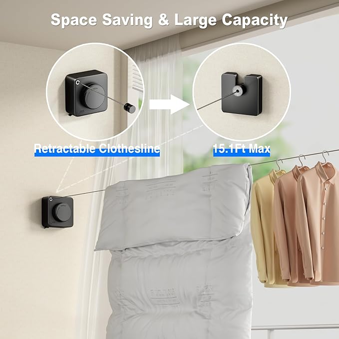Retractable Clothesline Indoor, Non-Sagging Outdoor Clothes Line Retracting Heavy Duty Clothes Drying Laundry Line Wall Mounted Stainless Steel Line-15.1 Feets(Black)
