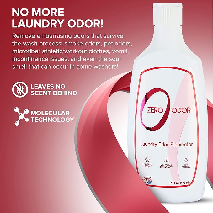 Zero Odor – Laundry Odor Eliminator - Permanently Eliminate laundry Odor – Patented Molecular Technology Best For Clothes, Towels & Linens, Shoes, Bags, Etc. - rinse and refresh Again, 16oz