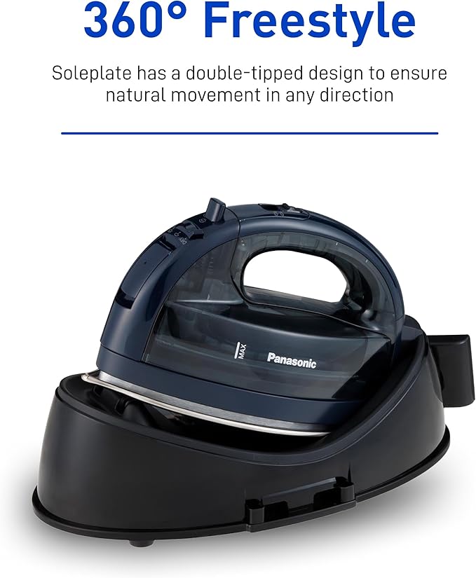 Panasonic NI-WL700A Cordless Steam/Dry Iron, 1500W Wide Stainless Steel Plate, Black/Dark Blue