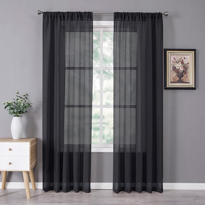 Tollpiz Sheer Curtains Linen Textured Bedroom Curtain Sheers Light Filtering Rod Pocket Voile Curtains for Living Room, 54 x 84 inches Long, Black, Set of 2 Panels