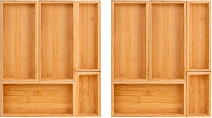 bamboo drawer organizer Set，expandable drawer dividers,wooden storage organizers,large trays for kitchen, bathroom,flatware,Tea Bag Organizer (2 X 5PCS Natural)
