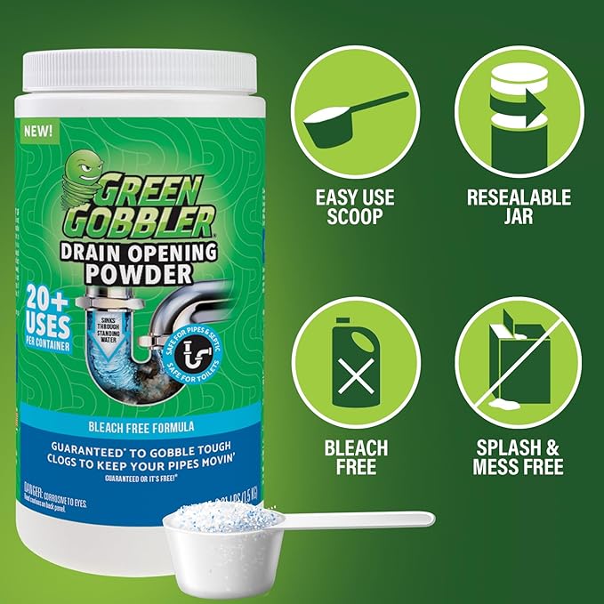 Green Gobbler Drain Clog Remover & Drain Cleaner Powder, 20+ Treatments, Maintenance Breaks Down Grease, Paper, Fat & Oil, Septic Safe