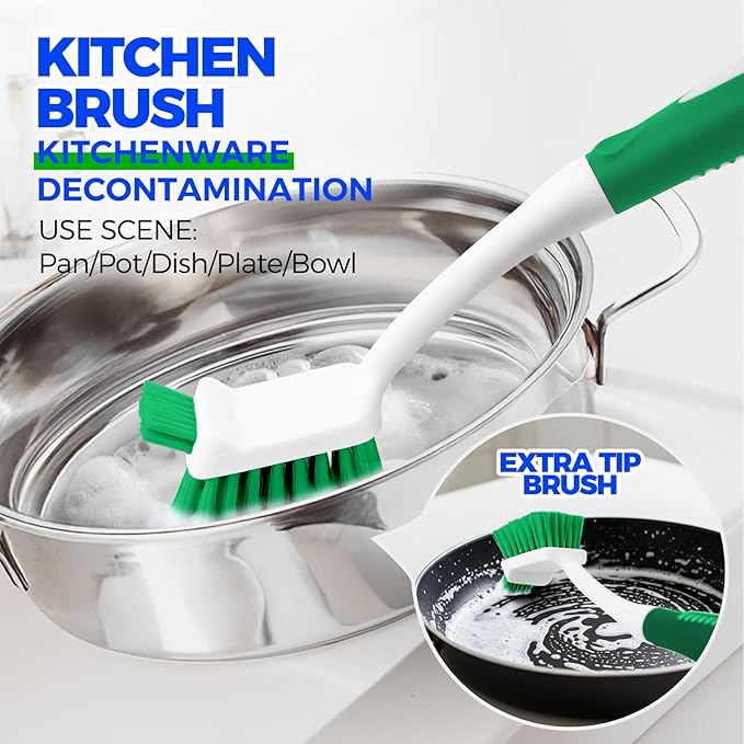 Holikme Cleaning Brush Set for Household Use, Scrub Brush, Kitchen Brush, Tile Lines Brush for Bathroom, Floor, Tub, Shower and Kitchen Surface (Green)