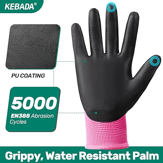 Kebada W1 Work Gloves Women, PU Coated Safety Gloves with Grip, Touchscreen, Ideal for Warehouse Package Handling, Construction, Gardening, Pink Medium