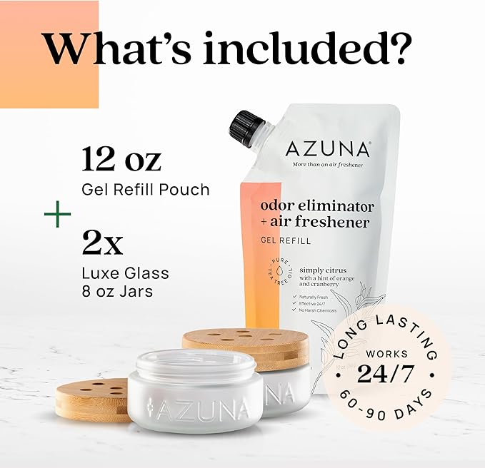 Azuna Air Freshener & Odor Eliminator for Strong Odor | 2 Room Kit Includes (2) Empty Luxe Glass Jar & 12oz Gel Refill with Tea Tree Essential Oil | Simply Citrus | Last 60-90 Days