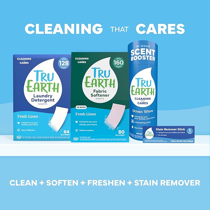 Tru Earth Compact Dry Laundry Detergent - Up to 128 Loads (64 Sheets) - Paraben-Free - Original Eco-Strip Liquidless Detergent, Travel - Fresh Linen | Packaging May Vary