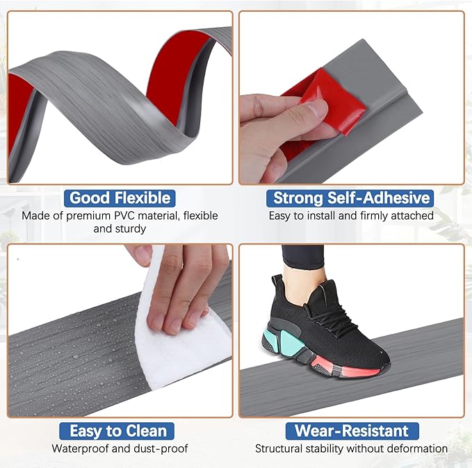 Vinyl Door Threshold Flooring Transition Strip Self Adhesive Carpet Edging Strip for Laminate Doorway Edge Threshold from 1/5" to 2/5" (Light Gray Wood Grain, 10 Ft)