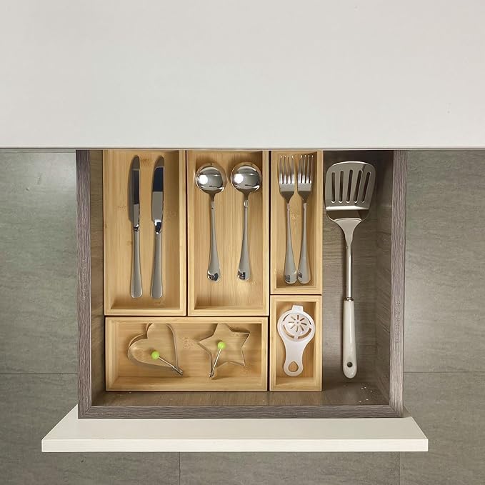 bamboo drawer organizer Set，expandable drawer dividers,wooden storage organizers,large trays for kitchen, bathroom,flatware,Tea Bag Organizer (1 X 5PCS Natural)