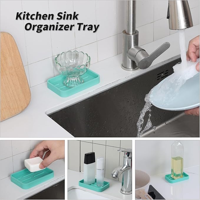 Silicone Kitchen Sink Organizer Tray for Multiple Usage,Easy Clean Sponges Holder for Kitchen Bathroom Counter or Sink,Dish Soap Dispenser,Scrubber,Bottle,Cup Mint 4.9”x 3.2”