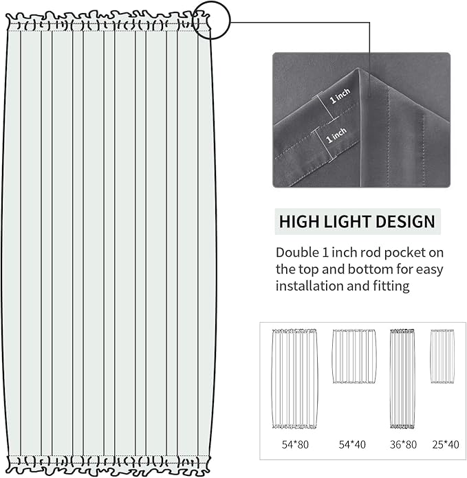 DWCN French Door Curtains – Rod Pocket Thermal Blackout Curtain for Window/Patio Doors/Doorways/Classroom/Kitchen for Privacy, 54W by 80L Inches, 1 Panel with Tieback, Dark Grey