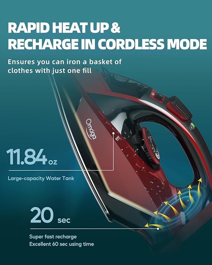 Cordless Iron for Clothes - 1500W Steam Iron with Non-Stick Ceramic Soleplate, Rapid Heating, Auto Shut Off, Burst of Steam, Self-Clean, Anti-Drip, Anti-Calc, 3 Temperature Settings, Red