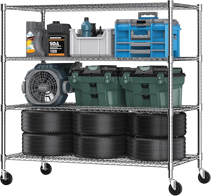 Himimi 4 Tier Wire Shelving with Wheels Heavy Duty Height Adjustable Metal Shelves for Storage, Commercial Grade Steel Utility Wire Rack for Kitchen Garage Pantry Organization-24×48×72, Silver