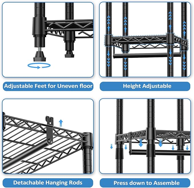IZEUK 2 Combination Heavy Duty Garment Rack Wire Clothes Rack for Hanging Clothes, Metal Freestanding Closet Wardrobe Rack with 3 Rods Black 15.7" D x 43.3" W x 76.5" H