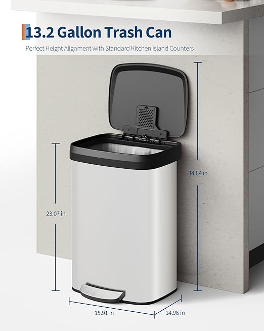 Garvee 13 Gallon / 50 Liter Metal Trash Can with Lid, Large Garbage Can for Kitchen, Rustproof Step-on Kitchen Metal Trash Bin with Liner Rim, Rear Handle, Soft Close Plastic Lid, White