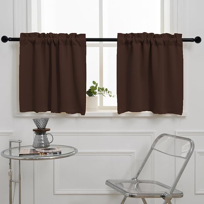 Pickluc Cafe Curtain (Half Window Curtain) 24 Inches Length, Rod Pocket Kitchen Curtain, Short Blackout Curtain for Small Window, 30" Wide and 24" Long, 2 Panels, Chocolate Brown