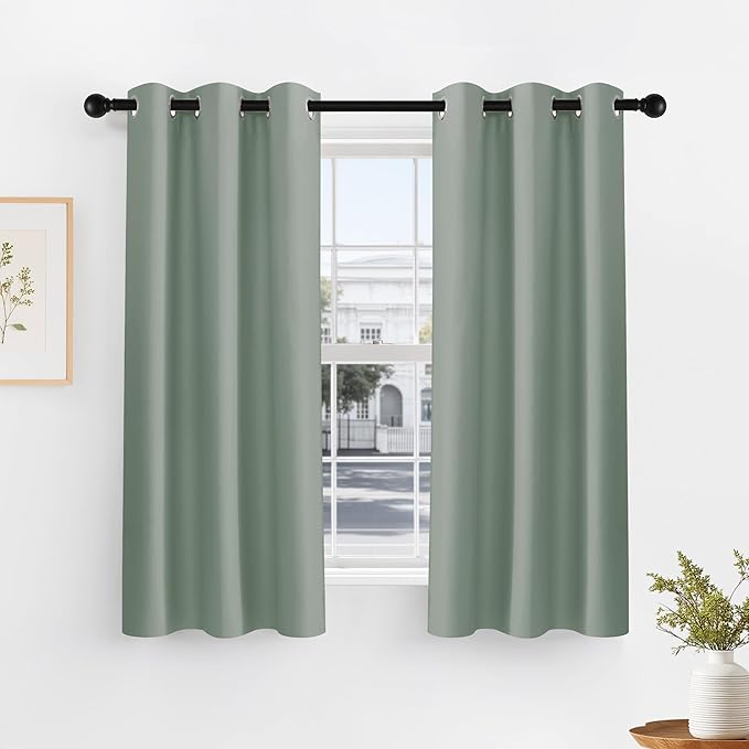 PONY DANCE Sage Green Short Blackout Curtains for Kitchen 45 Inch Length, Thermal Insulated Grommet Curtains for Bedroom, Black Out Drapes for Bathroom Small Window (2 Panels Set, 34 inches Wide)