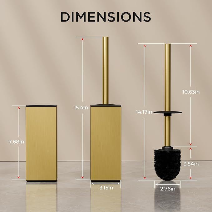 FORIOUS Toilet Brush and Holder Set, Heavy Duty 304 Stainless Steel Base Square and Long Handle for Bathroom Deep Cleaning, Drip-Proof, Space Saving for Storage, 2 Toilet Bowl Brush Head, Dark Gold