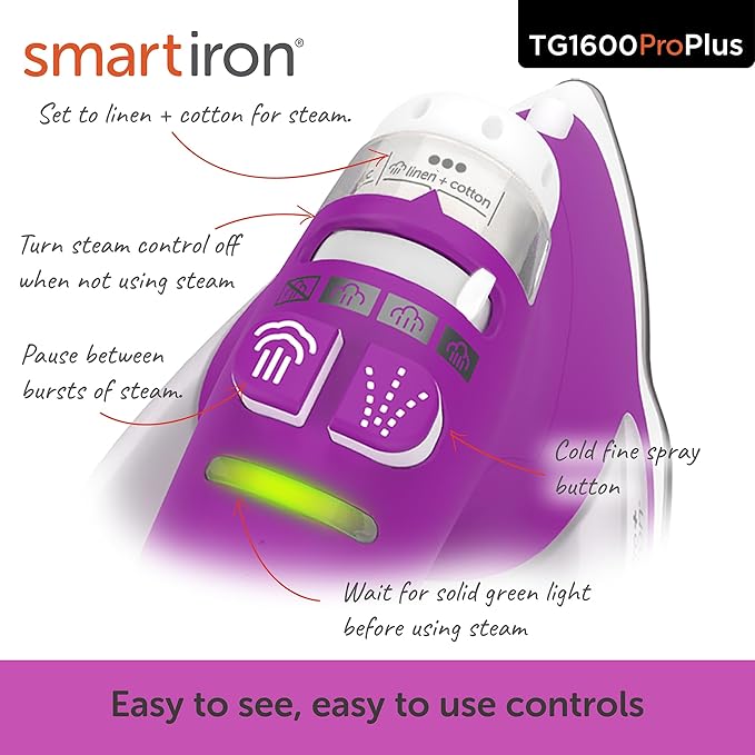 oliso TG1600 ProPlus Smart Iron with Auto-Lift – 1800 Watt Steam Iron for Clothes, Sewing, Quilting & Crafting – Diamond Ceramic-Flow Soleplate, Orchid