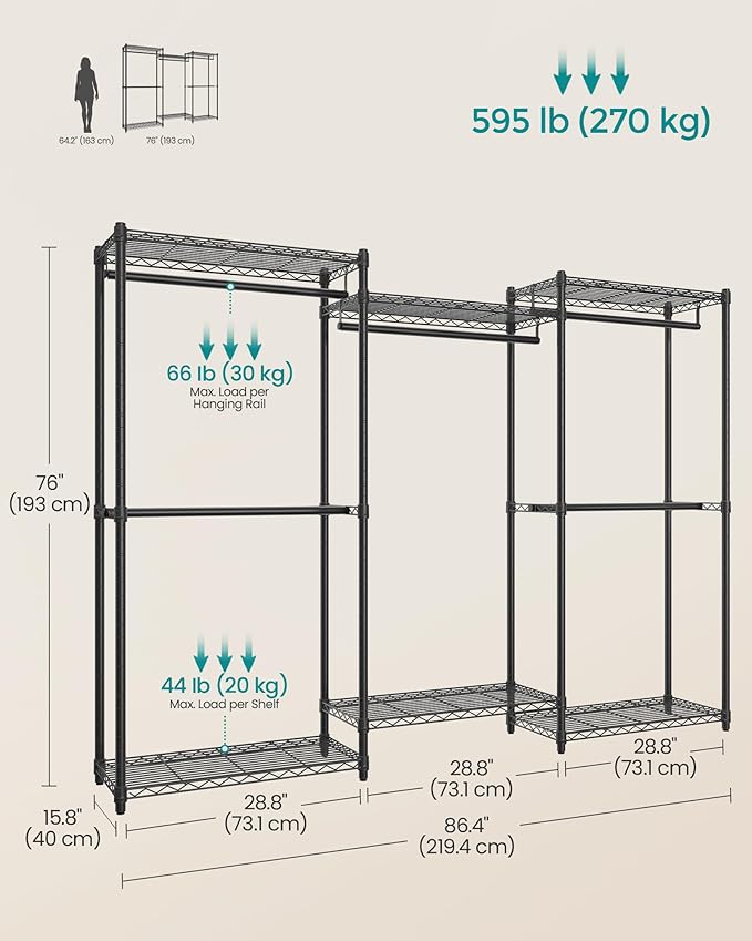 SONGMICS Heavy-Duty Clothes Rack, Garment Rack, Portable Closet, 86.4-Inch Wide Clothing Rack with Adjustable Mesh Shelves and Hanging Rails, Ink Black ULGR434B01
