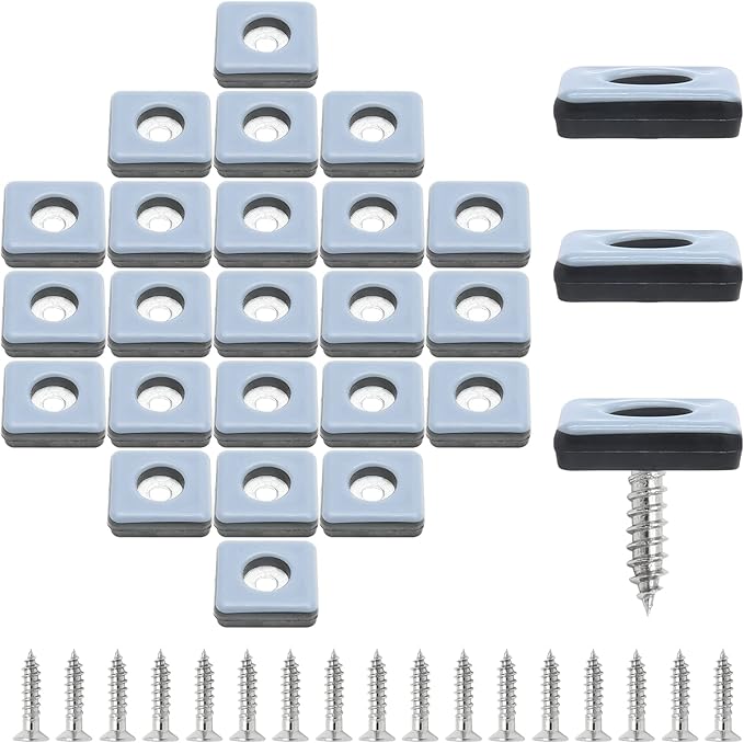 24pcs 1" (25mm) Screw on Furniture Sliders, Teflon Chair Leg Slides, Square Furniture Glides with Screws for Hardwood Floors Protectors (Gray/Black)