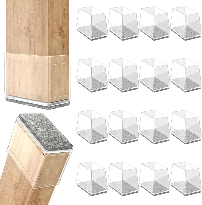 Rectangle Chair Leg Protectors for Hardwood Floors,16 PCS Silicone Covers to Protect Wood Tile Floors Felt Pads Furniture Leg Caps Reduce Noise. Easy to Move. (Clear,1.25 x 2 Inch, Rectangular)