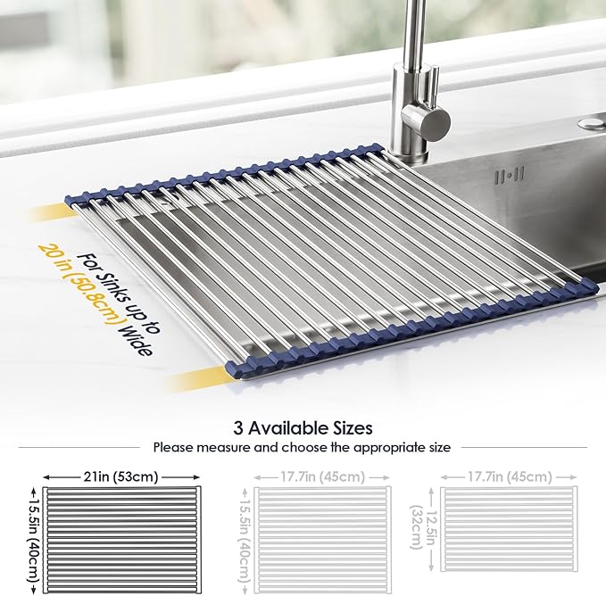 Tomorotec 21" x 15.5" Roll Up Dish Drying Rack Over Sink Drying Rack Sink Cover Kitchen Sink Accessories Gadget Multipurpose Organizer Foldable Stainless Steel Drainer