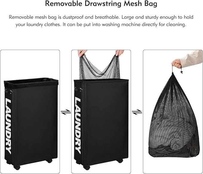 DOKEHOM 29-Inches Enlarged Slim Laundry Basket with Removable Wash Bag on Wheels, Collapsible Rolling Laundry Hamper, Foldable Narrow Corner Clothes Storage Bins (Black)
