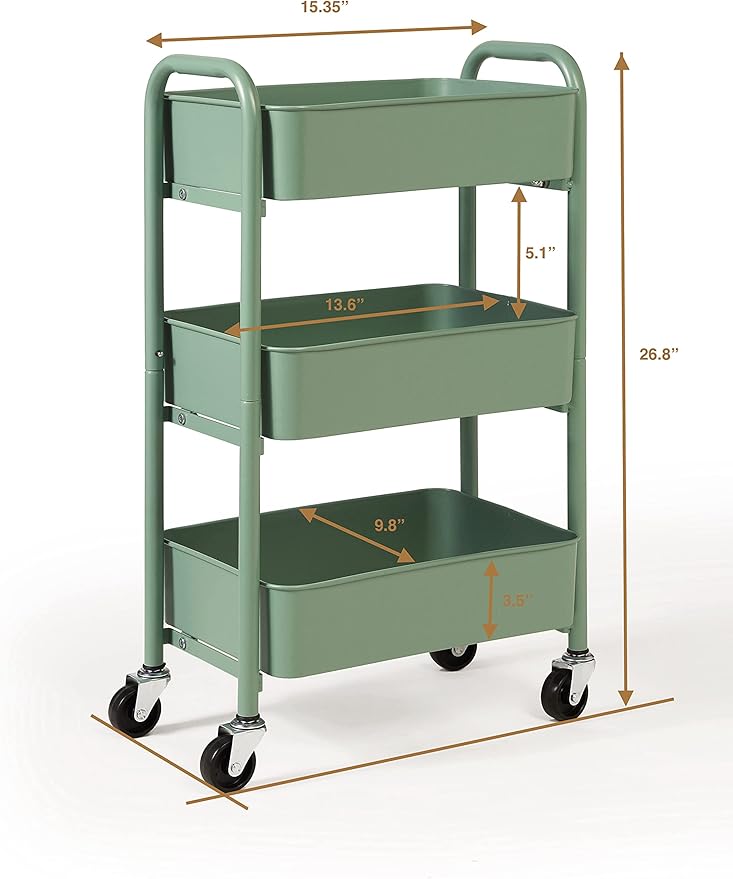 SunnyPoint 3-Tier Delicate Compact Rolling Metal Storage Organizer - Mobile Utility Cart Kitchen/Under Desk Cart with Caster Wheels - Turq (15.35" X 10.24" X 26.8"H)