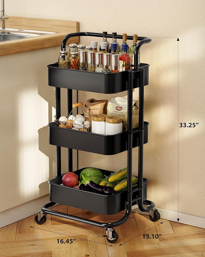 Pipishell 3 Tier Mesh Utility Cart, Rolling Metal Organization Cart with Handle and Lockable Wheels, Multifunctional Storage Shelves for Kitchen Living Room Office Black