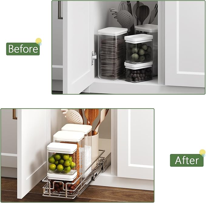 Pull Out Cabinet Organizer 5½" W x 21½" D, Heavy Duty Cabinet Pull Out Shelves, Slide Out Drawers Organization for Kitchen Cabinets Bathroom