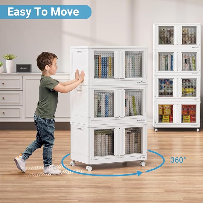 BROVIEW 140Gal Stackable Storage Bins with Lids & Wheels, 560Qt Plastic Collapsible Closet Organizer and Storage Drawers, Storage Boxes Cabinets for Home, Office, 7 Pack, White
