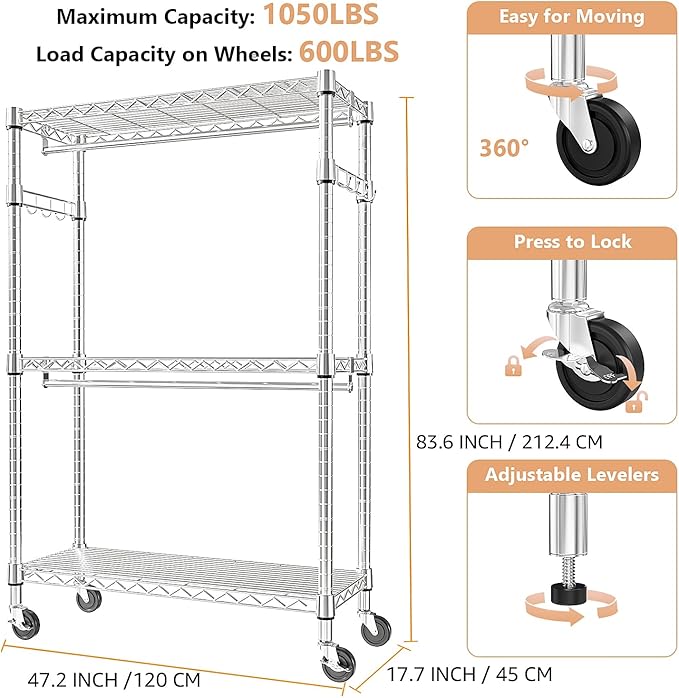 Heavy Duty Rolling Garment Rack 3 Tiers Adjustable Wire Shelving Clothes Rack with 2 Rods and Side Hooks, Storage Closet Clothing Rack with Wheels Chrome 17.7" D x 47.2" W x 83.6" H