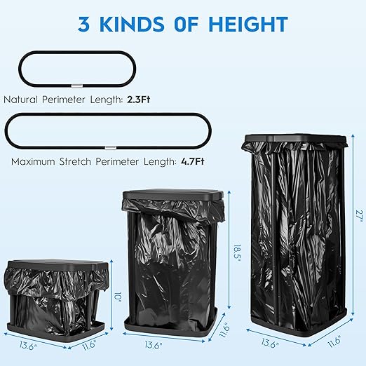 Portable Trash Bag Holder Collapsible Garbage Bin with Lid and Bands, Expandable Indoor Outdoor Trash Can Holder Stand for RV Camping Kitchen, Black