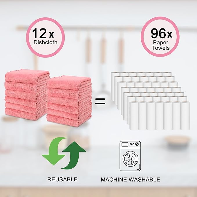 kimteny Kitchen Cloth Dish Towels, 13x28 Inches Premium Dishcloths, Super Absorbent Coral Velvet Microfiber Cleaning Cloths, Fast Drying Rags for Washing Dishes (13x28-12 Pack, Pink)