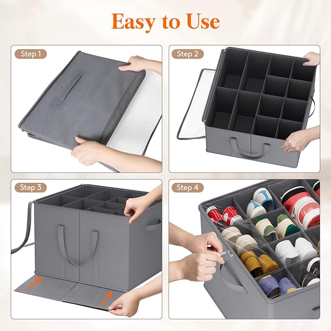 Lifewit Shoe Storage Organizer for Closet Fits 12-16 Pairs, Fabric Large Shoe Box Storage Containers with Clear Cover, Foldable Bins Fit for Boots Heels Sneakers 17"(L) x 17"(W) x 12.5"(H) 1 Pack Gray