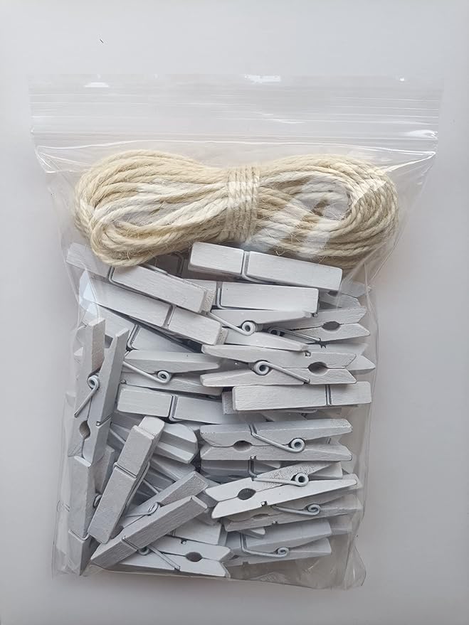 1.9 Inch White Small Clothes Pins Paper Picture School Work Holders Baby Shower Clothing Line Clips with Twine Pack 50