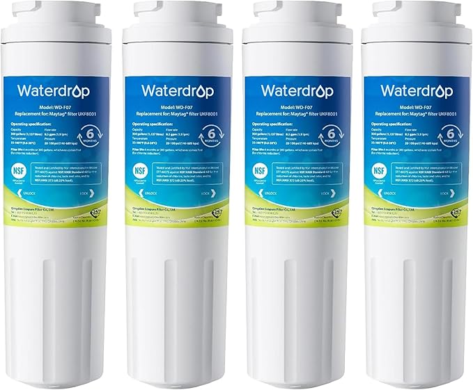 Waterdrop EDR4RXD1 Replacement for EveryDrop® Filter 4, Whirlpool® UKF8001, 4396395, Maytag® UKF8001AXX-200, UKF8001AXX-750, WD-F07, Refrigerator Water Filter, 4 Filters