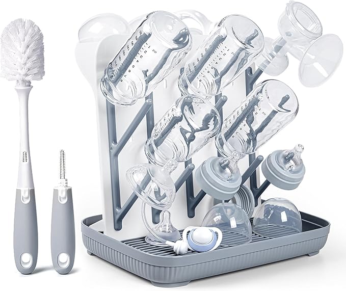 Termichy Baby Bottle Drying Rack: Vertical Bottle Dryer Rack Holder with Brushes Set- Drying Rack & Nipple Scrubber-Space Saving Standing Drying Rack for Baby Bottles and Pump Part Cleaning