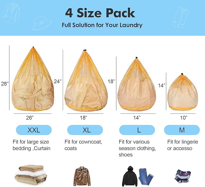 4Pcs Mesh Laundry Bags Washing Machine Mesh Wash Bags for Clothes,Underwear,Lingerie, Bed Linen with Drawstring Closure Sturdy(4 Size, Yellow)